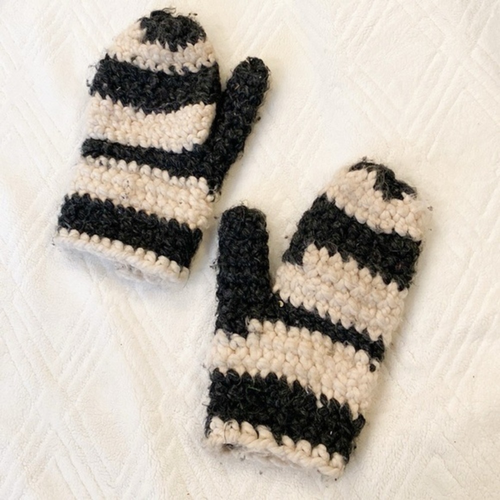 Hand knitt chunky woven striped mittens